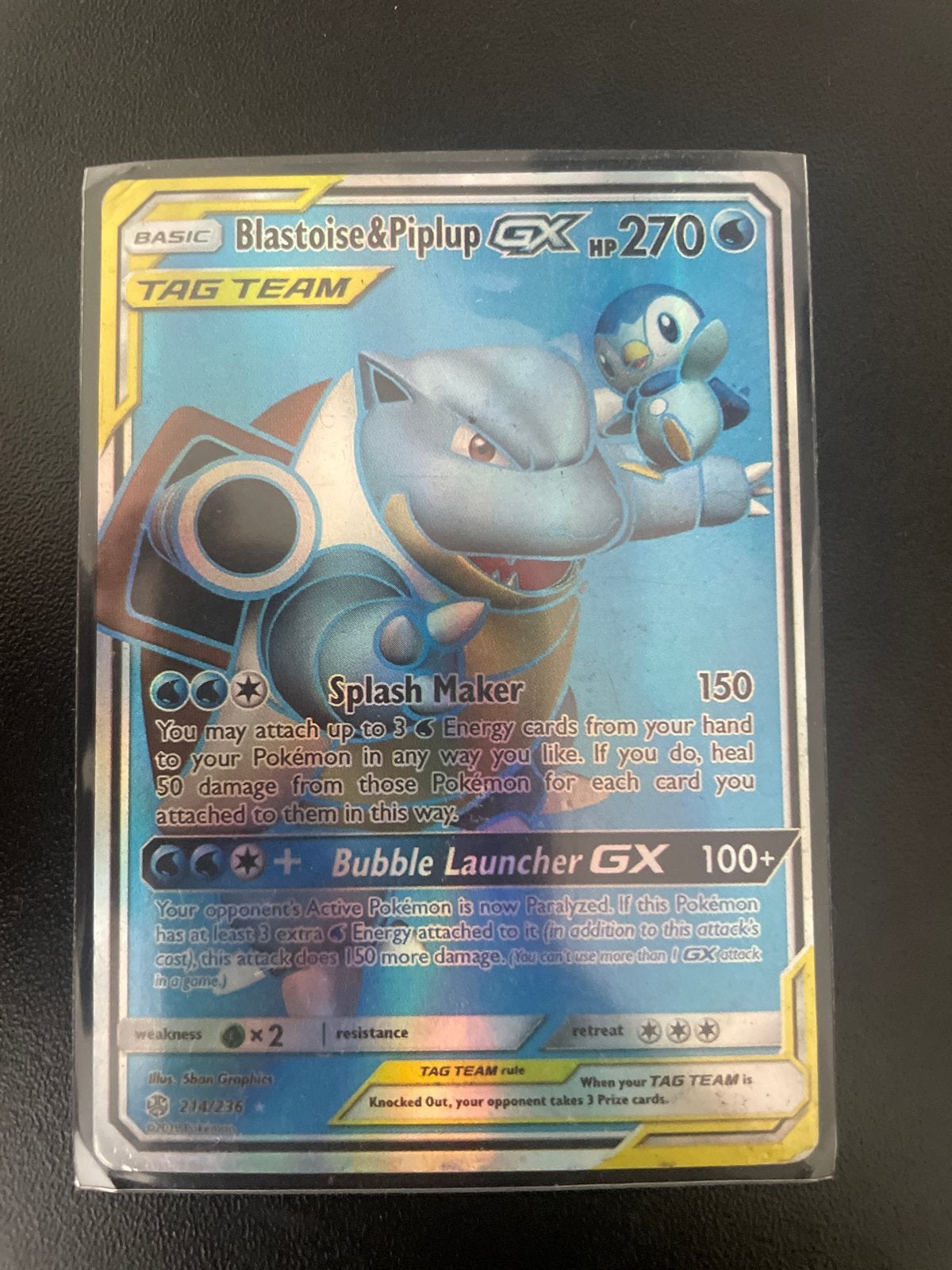 Blastoise & Piplup GX Pokémon kaart met hoesje, Ophalen of Verzenden, Gebruikt, Losse kaart