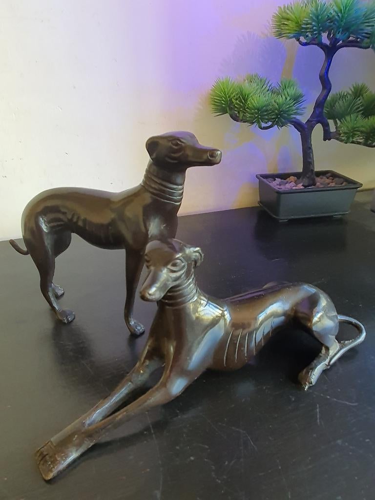Twee Bronzen Hazewindhonden  21 cm Lang, Ophalen of Verzenden, Koper of Brons
