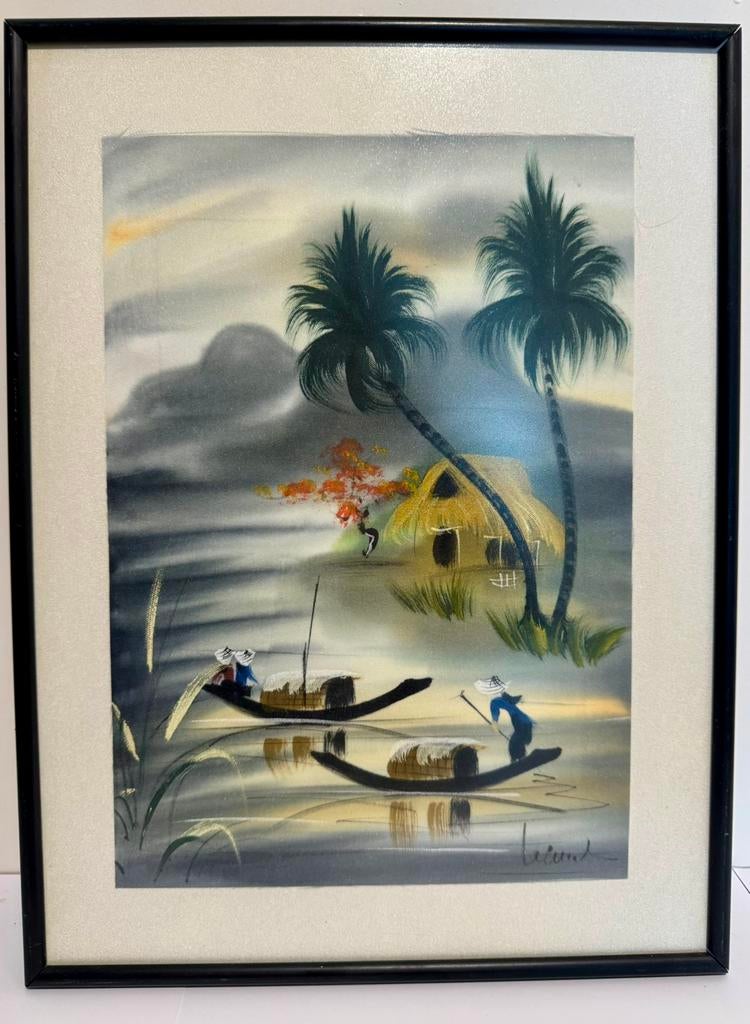 Zijde schilderij - Aziatisch rivierlandschap, Antiek en Kunst, Ophalen of Verzenden