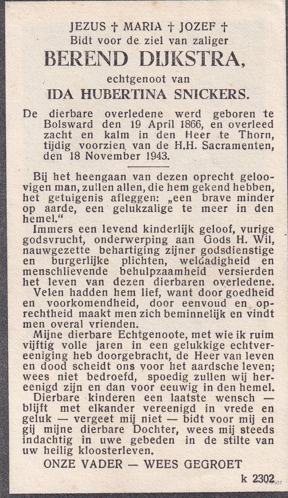 Dijkstra Berend 1866 Bolsward 1943 Thorn, Verzamelen, Ophalen of Verzenden, Bidprentje