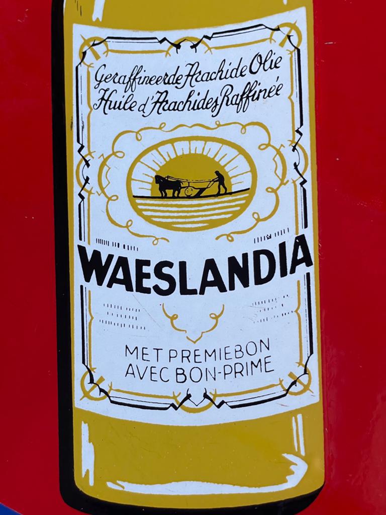 Emaille reclamebord Waeslandia / olie / keuken., Verzamelen, Merken en Reclamevoorwerpen, Reclamebord, Gebruikt, Ophalen of Verzenden