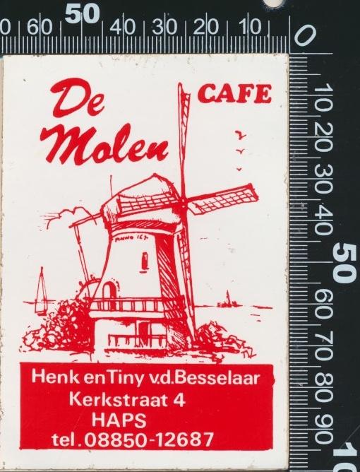 Sticker: Cafe De Molen - Haps (1), Verzamelen, Stickers, Zo goed als nieuw, Bedrijf of Vereniging, Ophalen of Verzenden