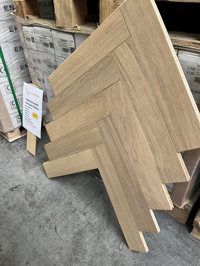 Grote restpartij visgraat parket, Huis en Inrichting, Stoffering | Vloerbedekking, Parket, 75 m² of meer, Beige, Ophalen of Verzenden