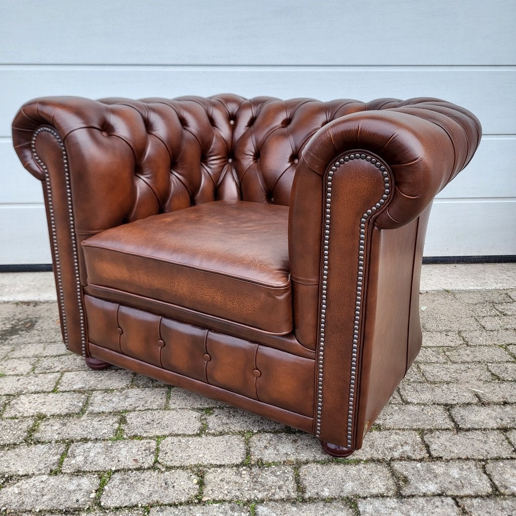 Origineel Engelse Chesterfield stoel, fauteuil., Gebruikt, Chesterfield, 75 tot 100 cm, Ophalen of Verzenden