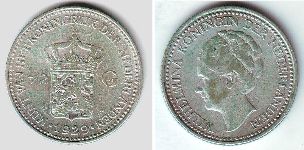 1/2 gulden B variant 1929 Nederland, Ophalen, ½ gulden, Zilver, Koningin Wilhelmina
