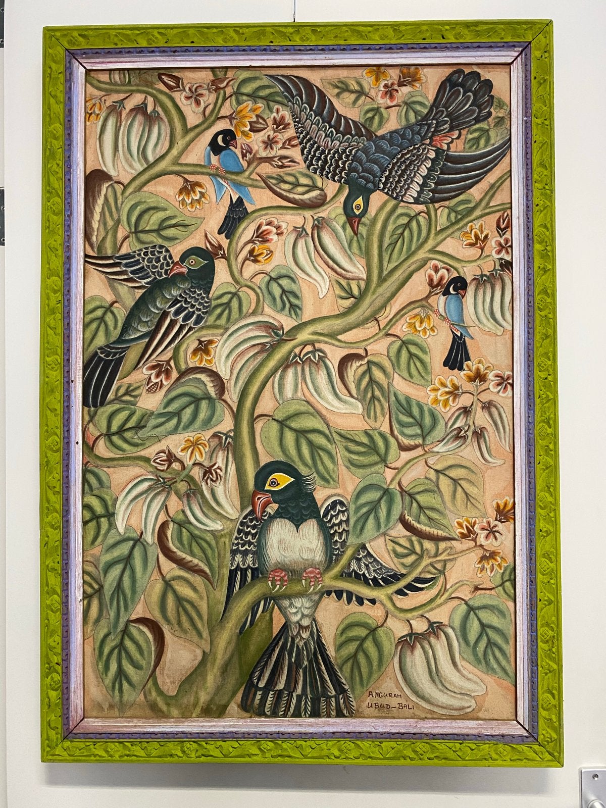 Balinees Schilderij met Vogels - A. Ngurah Ubud Bali, Ophalen, Meerkleurig, Schilderij, Textiel