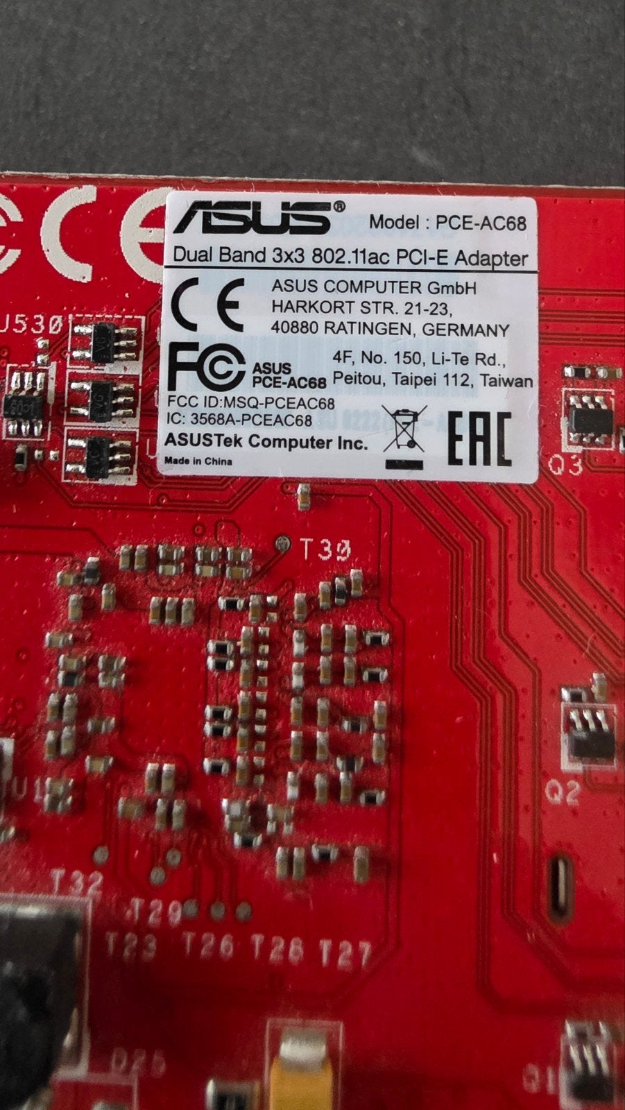 ASUS PCE-AC68 Dual Band 802.11ac PCI-E Adapter, Computers en Software, Netwerkkaarten, Gebruikt, Intern, Ophalen of Verzenden