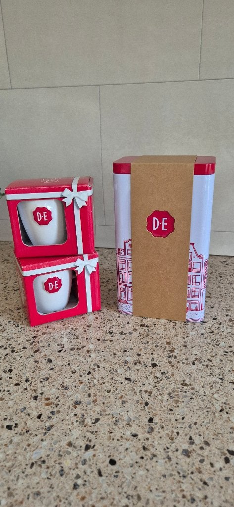 Douwe Egberts koffieblik/koffiebus en 2 koffiekopjes, Huis en Inrichting, Overige materialen, Overige merken, Nieuw, Ophalen of Verzenden