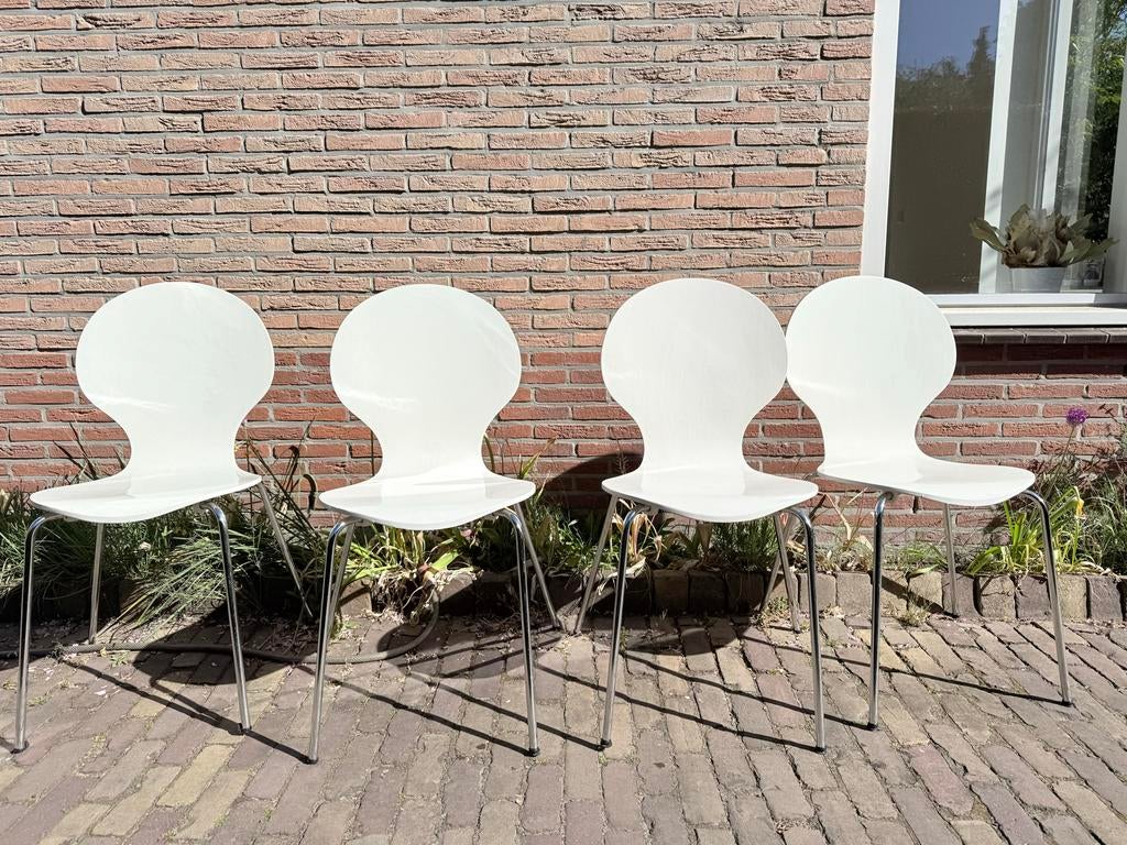 Set van 4 witte eetkamerstoelen met chromen poten, Ophalen, Kunststof, Gebruikt, Wit