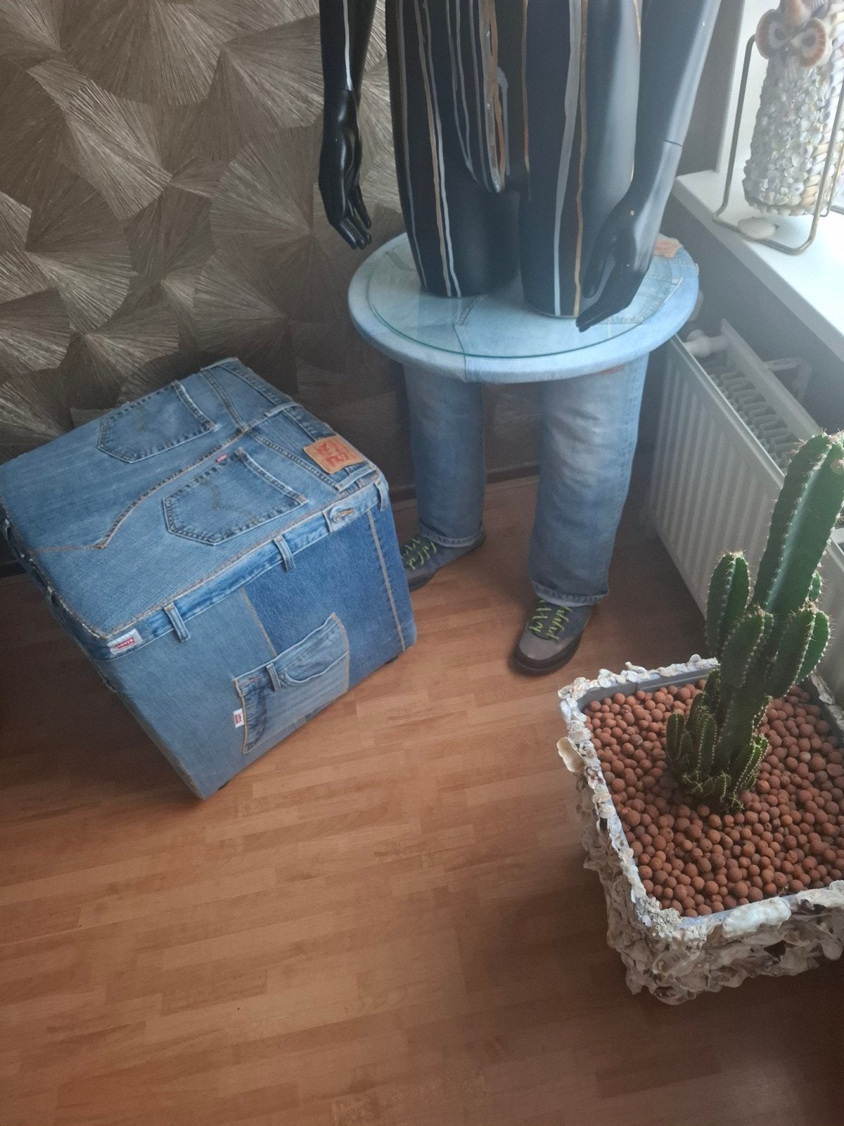 jeans tafeltje en 2 hockers, Huis en Inrichting, Ophalen, Rechthoekig, Minder dan 50 cm