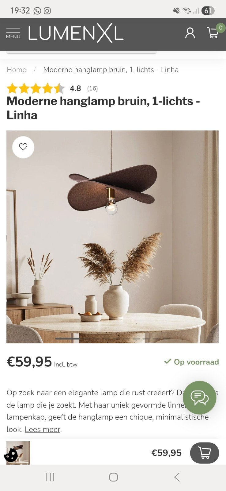 Hanglamp Linha, Ophalen, 50 tot 75 cm, Nieuw, Japandi
