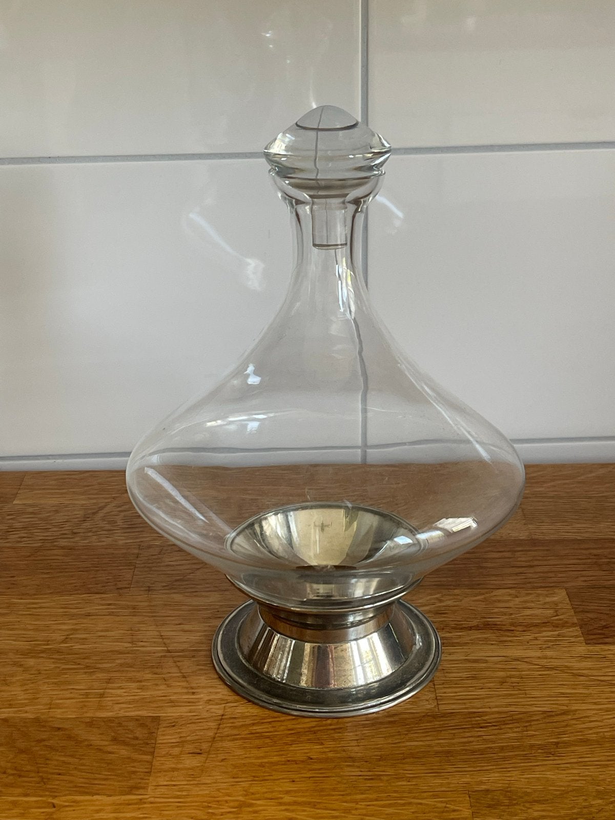 Vintage Glazen Wijn Decanteerkaraf met Zilveren Voet, Ophalen of Verzenden