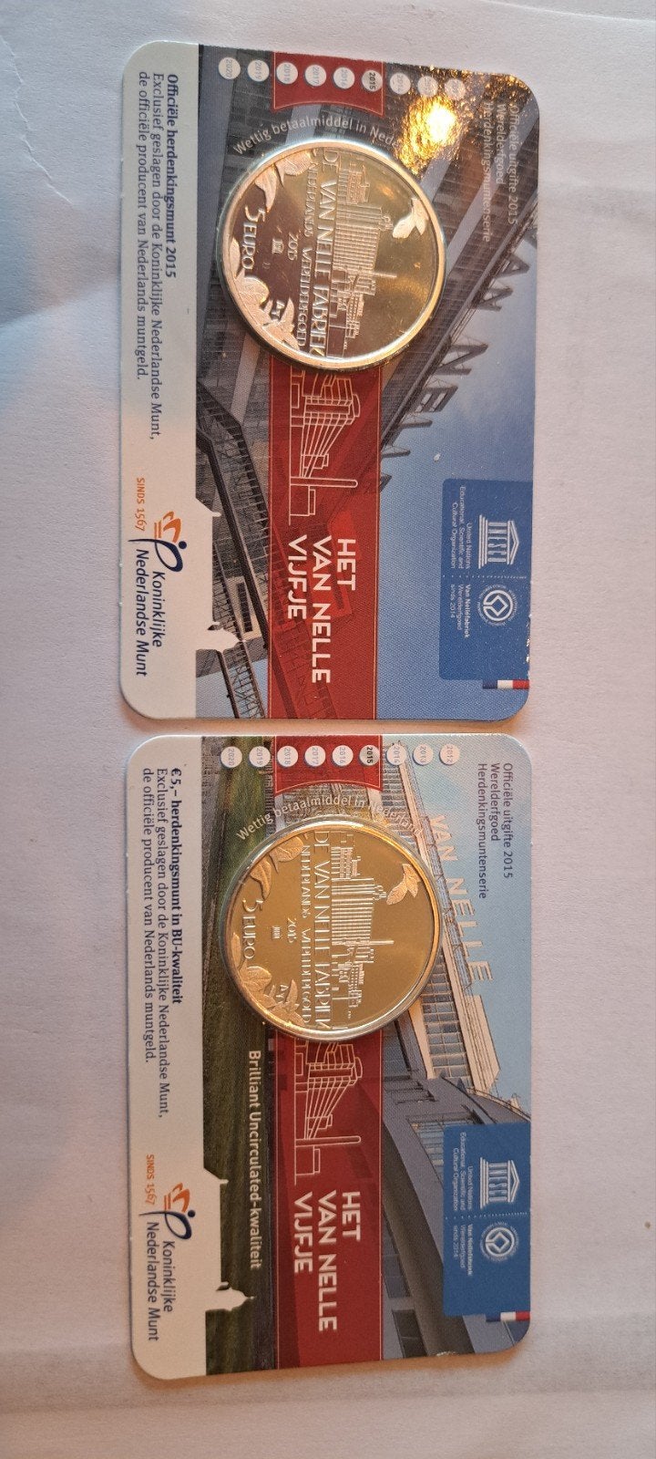 2x Zwaar verzilverde 5 euro munt Het Van Nelle Vijfje 2015, Postzegels en Munten, Munten | Nederland, Koningin Beatrix, Zilver