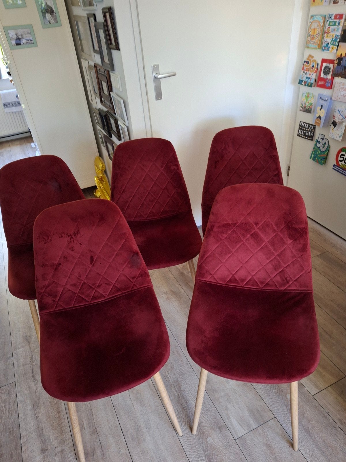 5 rode velvet fluwelen eetkamerstoelen, Ophalen, Gebruikt, Rood