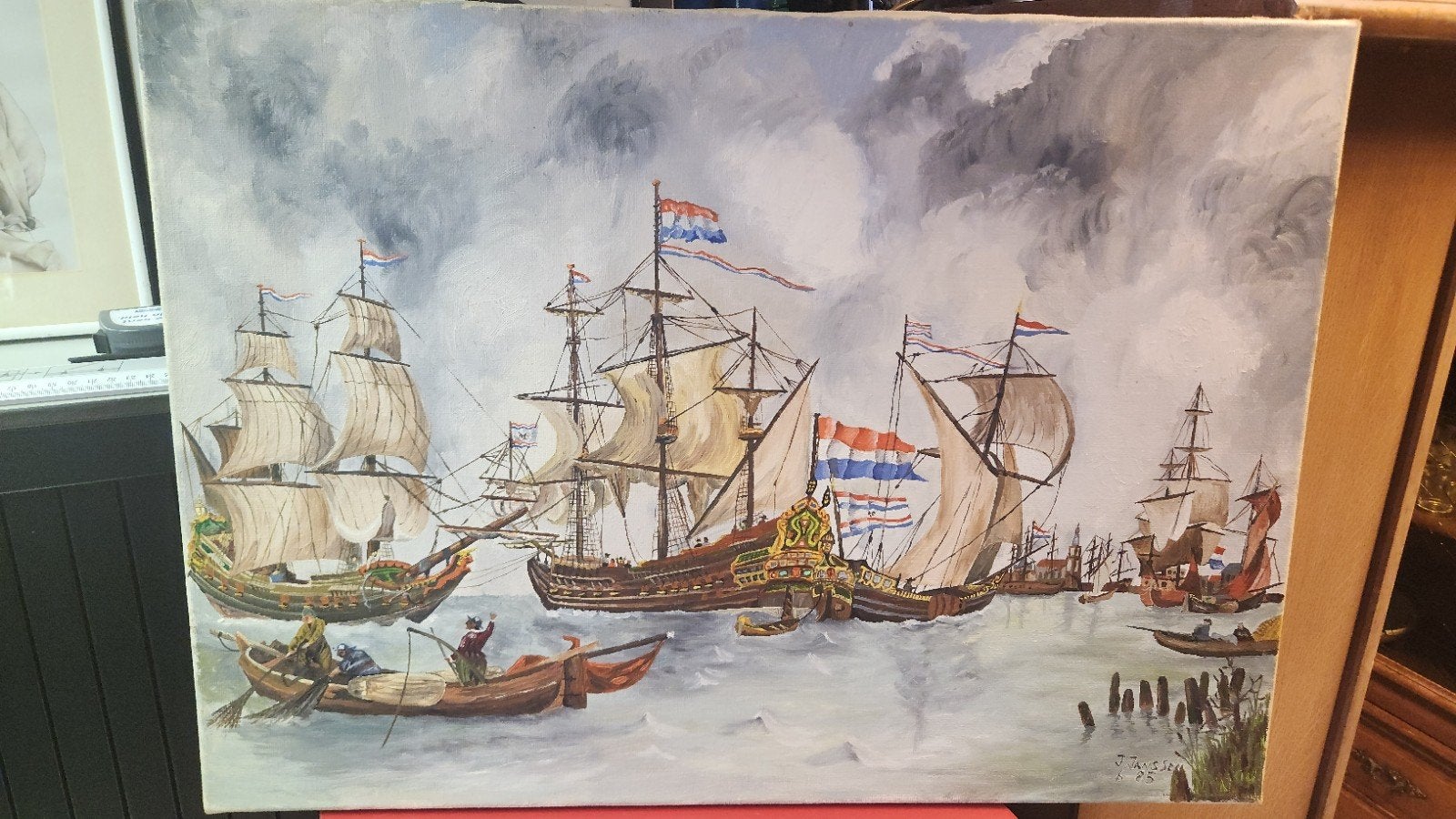 Schilderij Hollandse Schepen door J. Janssen (1985), Ophalen
