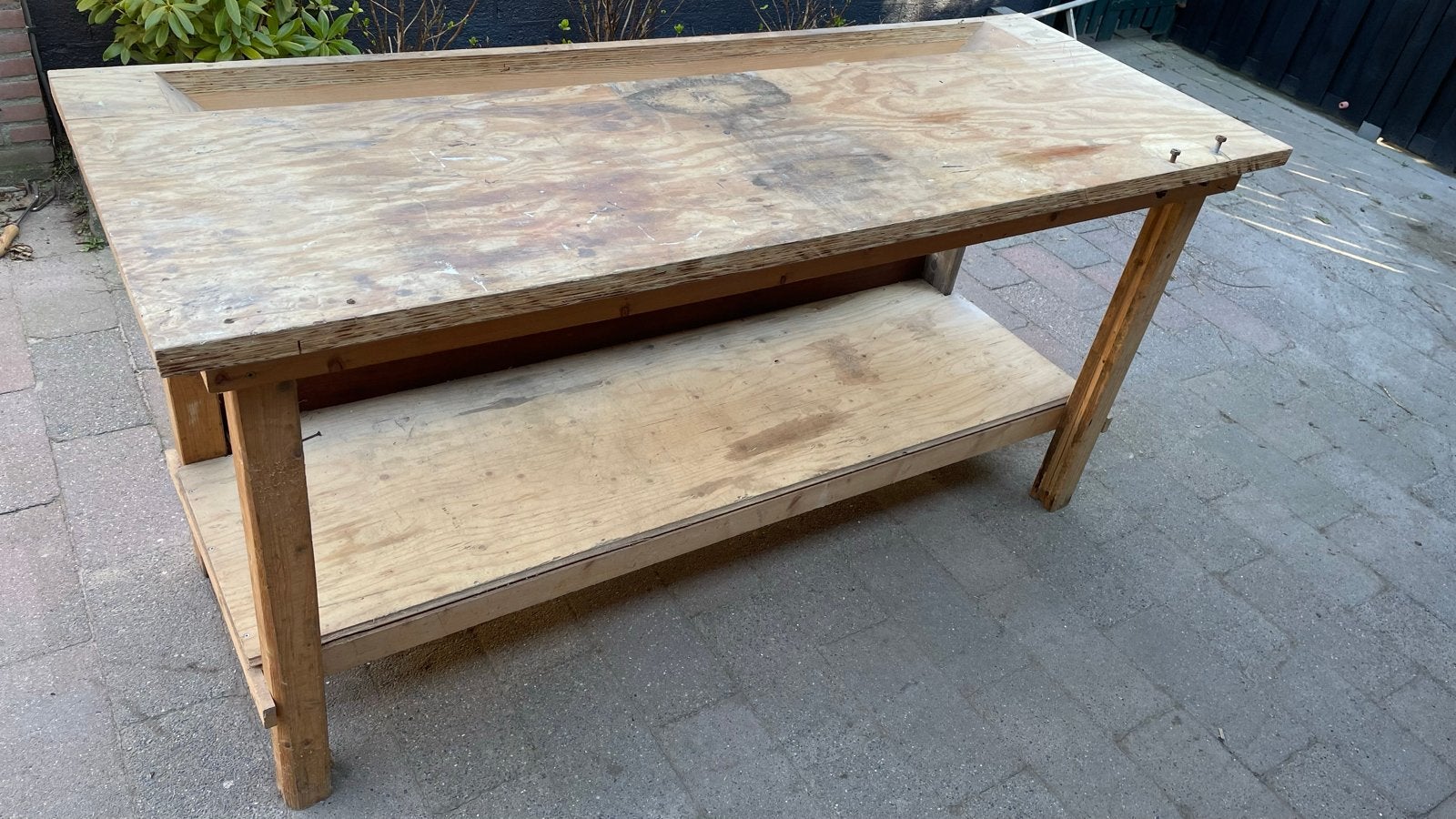 Stevige werkbank met opbergplank en verzamel bak, Ophalen, Gebruikt, 170 cm of meer