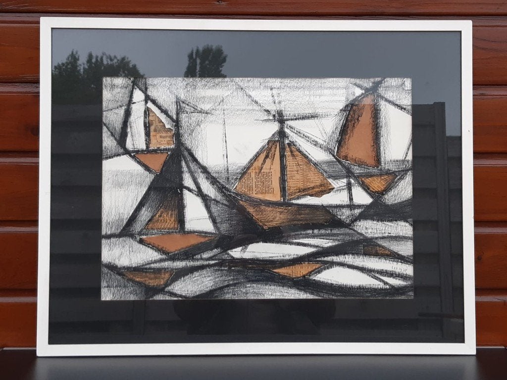 Abstracte zeilboten groot kunstwerk in lijst, Huis en Inrichting, Ophalen, 50 – 75, Gebruikt, Schilderij