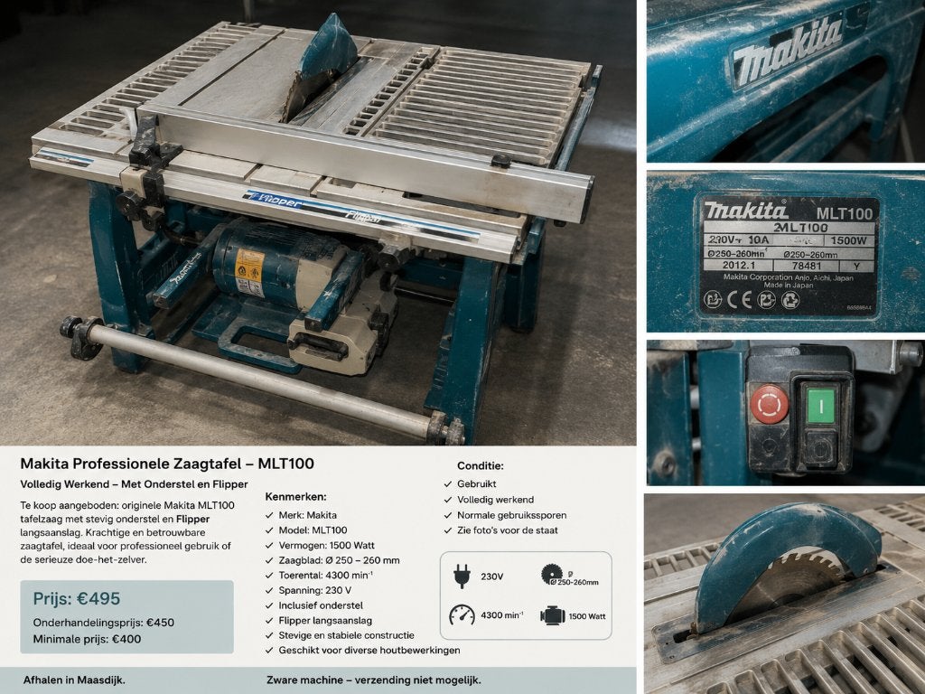 Makita MLT100 Professionele Zaagtafel 1500W met Onderstel, Ophalen, Mv, Gebruikt, Cirkelzaag