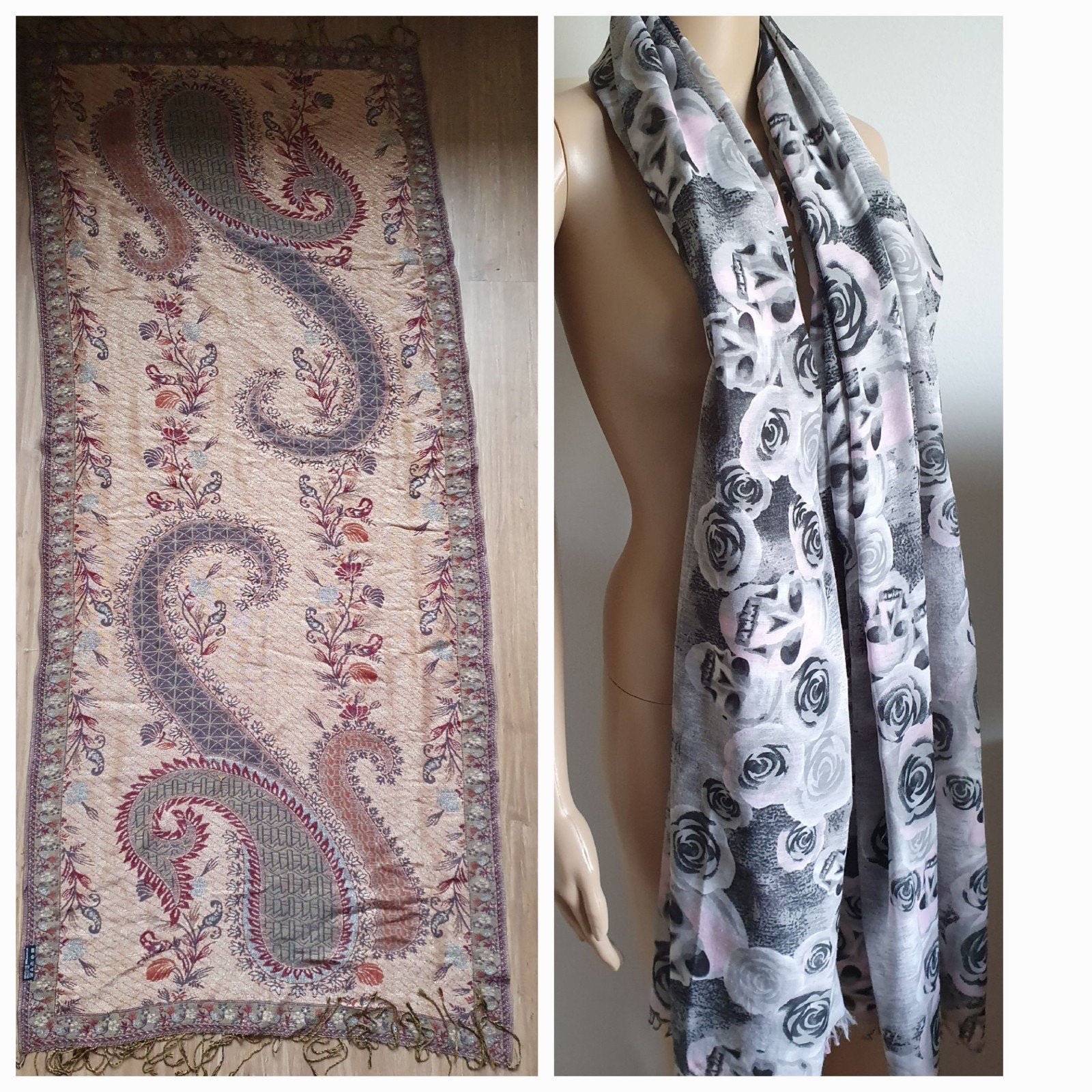 Set van 2 Sjaals: Paisley en Rozen/Schedels €4 per stuk, Maat 46/48 (XL) of groter, Ophalen of Verzenden, Onbekend, Sjaal