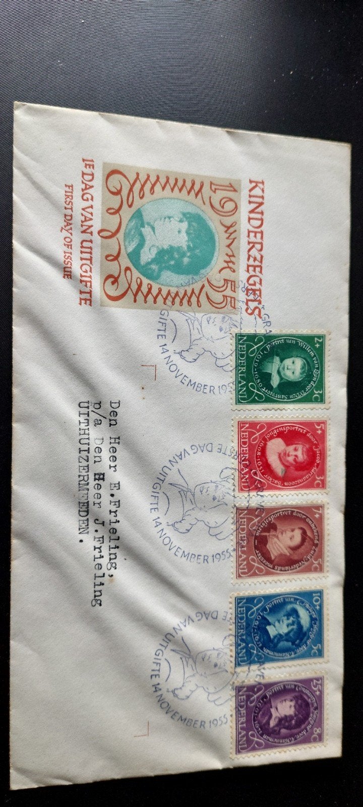 Eerste dagenvelope  E24 kinderzegels 1955., Postzegels en Munten, Postzegels | Eerstedagenveloppen, Ophalen, Beschreven, Nederland