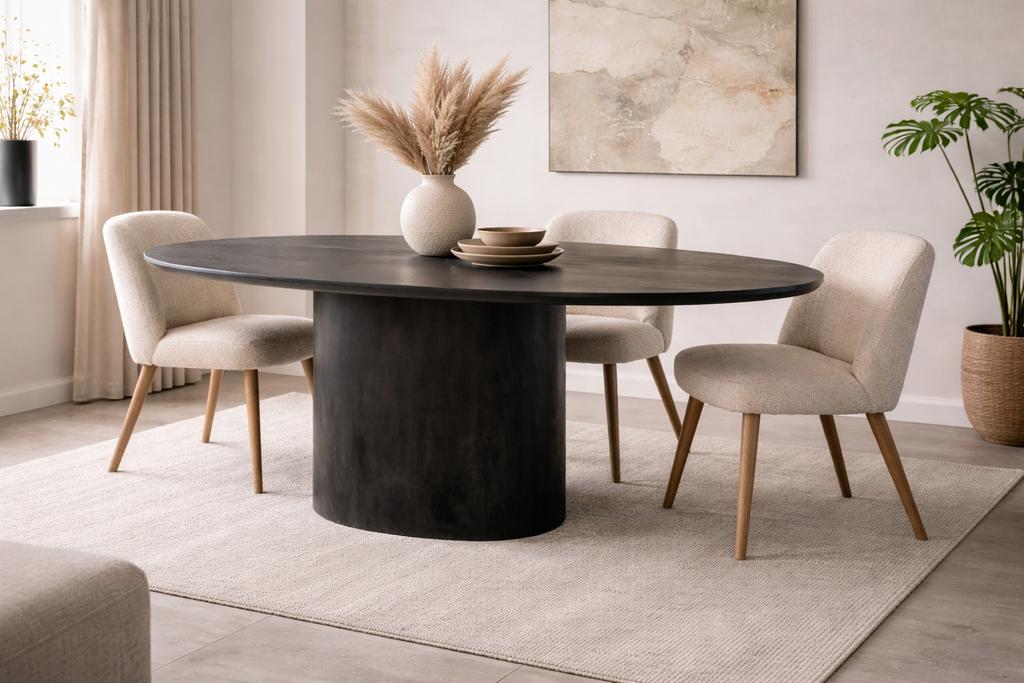 Zwarte ovale eettafel 240cm mangohout showmodel daarom 299,-, Ophalen, Japandi, Industrieweg 25, 100 tot 150 cm