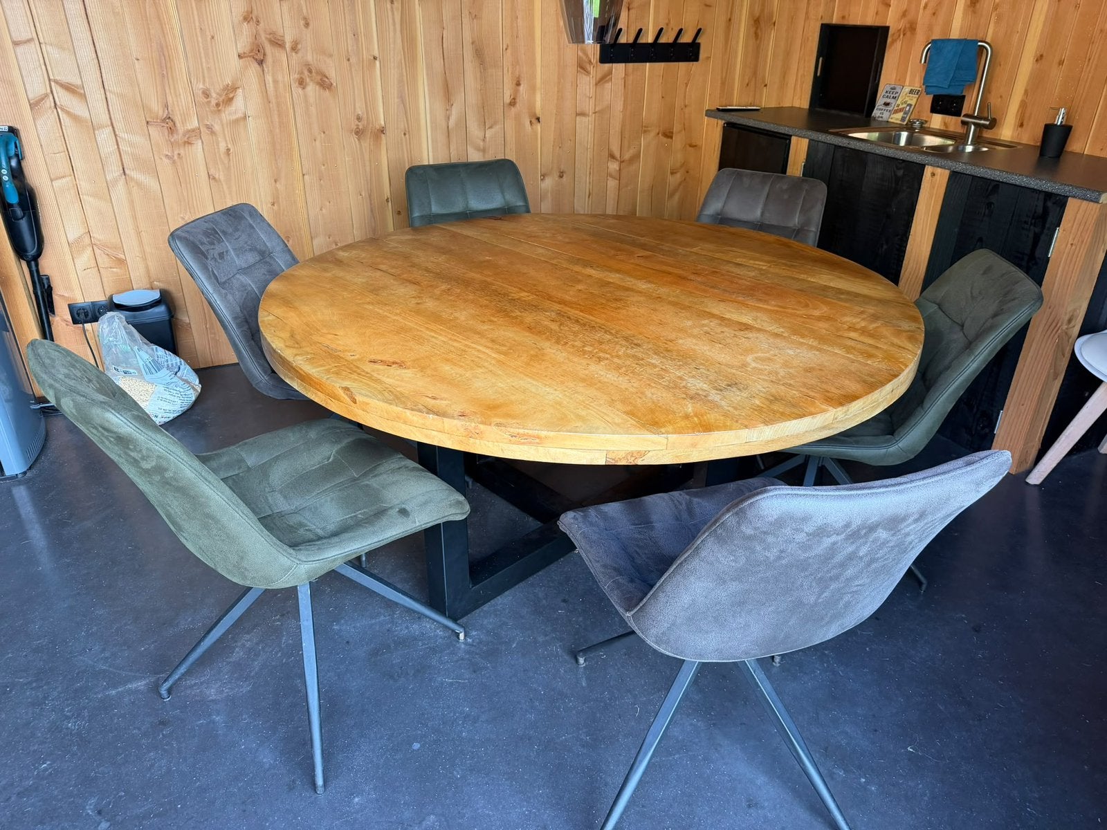 Ronde eettafel 150 incl 6 stoelen, Ophalen, 150 tot 200 cm, Rond, Zo goed als nieuw