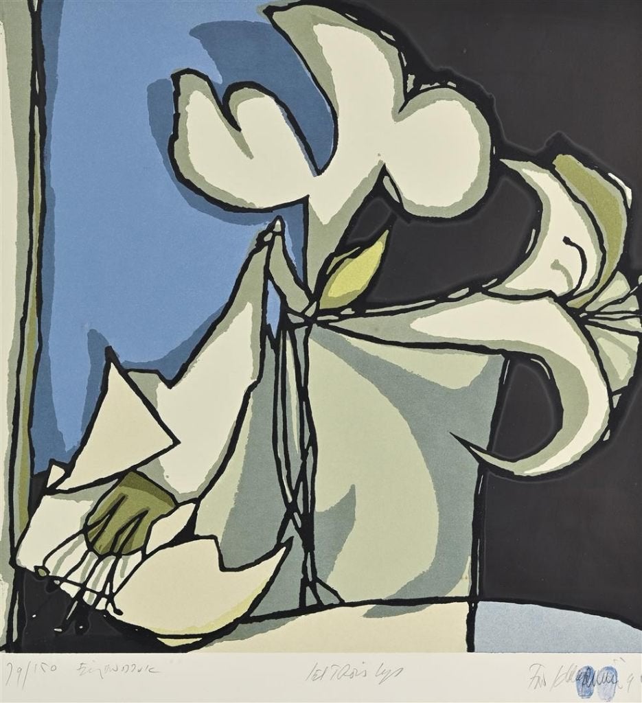 Fon Klement (1930) Boardsnede " Les Trois Lys " Ges Gen Ged, Antiek en Kunst, Kunst | Litho's en Zeefdrukken, Linosnede, Met glas