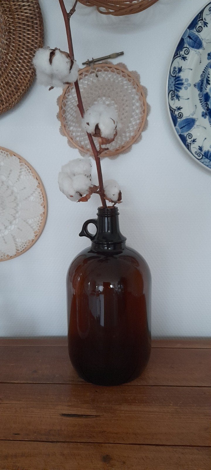 Vintage grote bruin glazen apothekers fles vaas met oor, Ophalen of Verzenden, Bruin, Glas