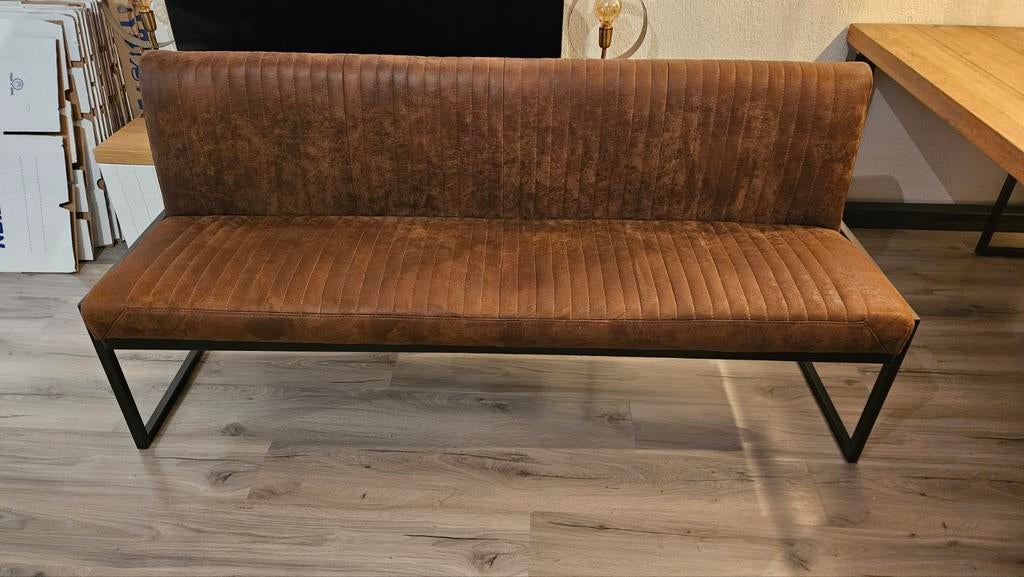 Industriële eetkamerbank + 3 stoelen cognac/bruin lederlook, Ophalen, Gebruikt, Minder dan 75 cm, Industrieel