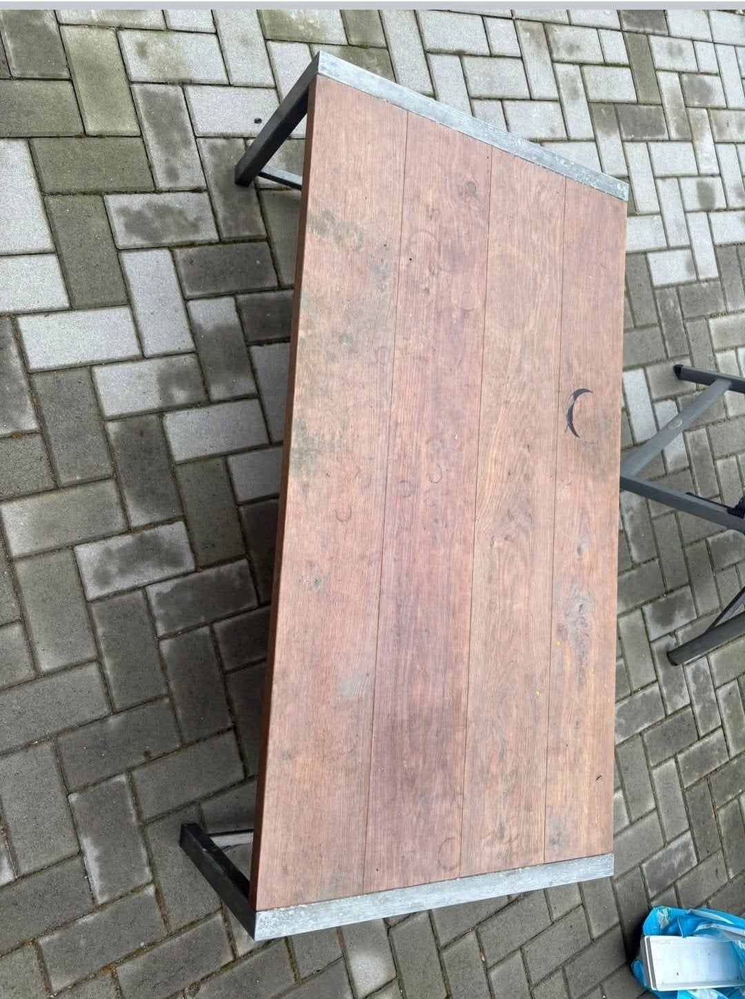 Stoere industriële zware salontafel stalen poten houten blad, Huis en Inrichting, Ophalen, 100 tot 150 cm, Landelijk industrieel stoer sober vintage antiek
