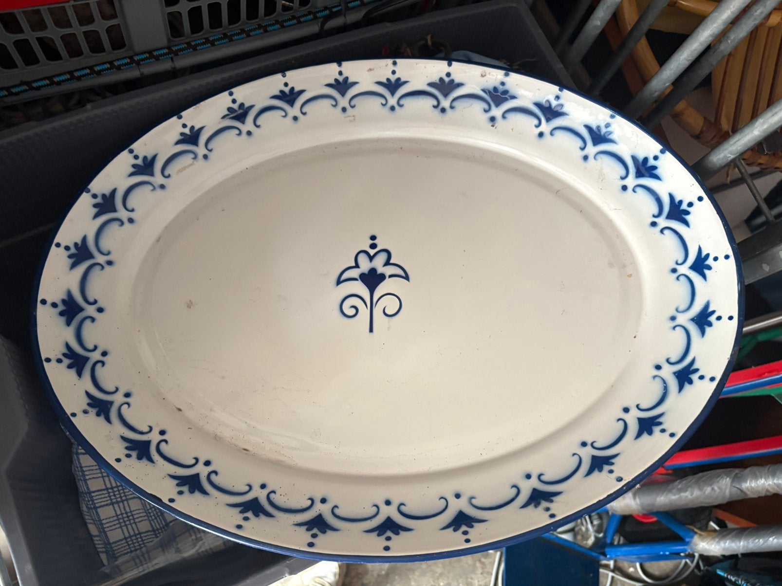 Vintage geëmailleerde serveerschaal Ikea, blauw/wit, 55 cm, Ophalen