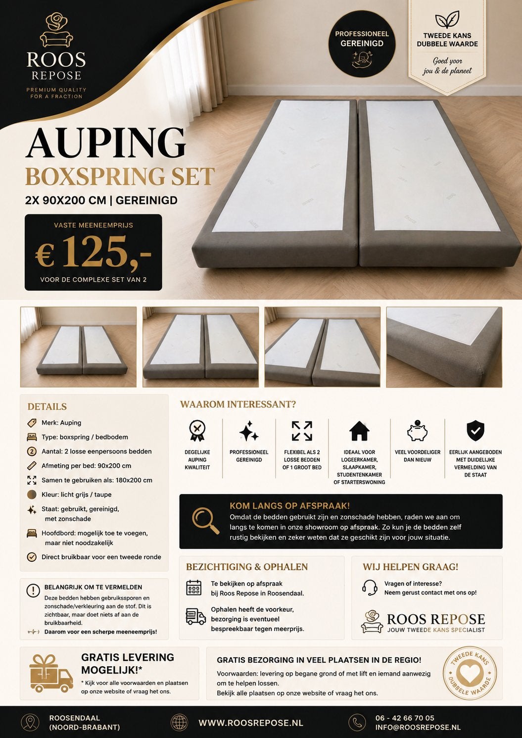 Auping boxspring set 2x 90x200 cm | gereinigd | grijs/taupe, Luxe Auping, Tweepersoons, Ophalen of Verzenden, Zo goed als nieuw