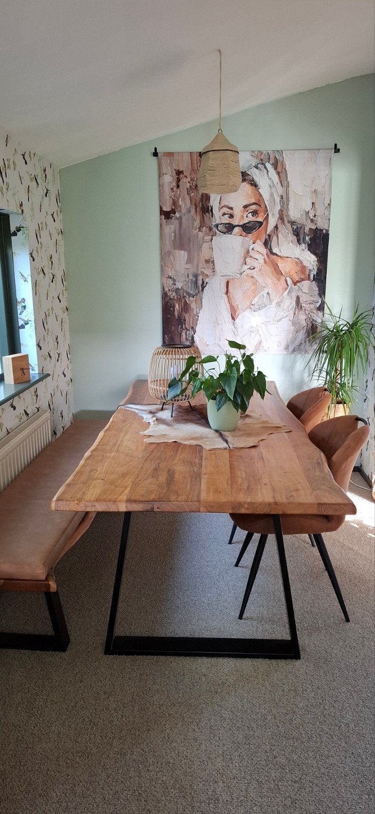 Complete acacia houten eethoek, 200 cm of meer, 50 tot 100 cm, Zo goed als nieuw, Vier personen