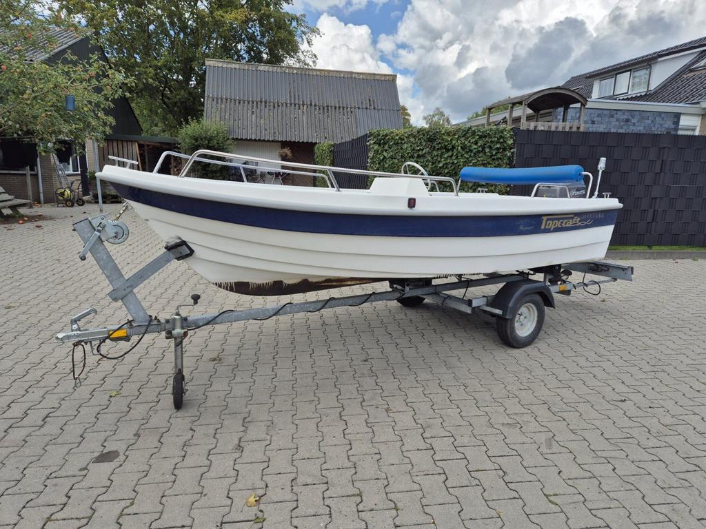 Topcraft Futura 430 met Tohatsu 18 pk 4-tact en trailer, Watersport en Boten, Vis- en Consoleboten, Gebruikt, Polyester
