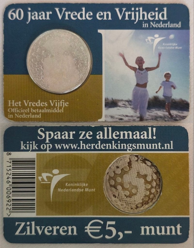Nederland €5 – Vredes Vijfje – Coincard – Zilver, Koningin Beatrix, Zilver, Euro's, Ophalen of Verzenden