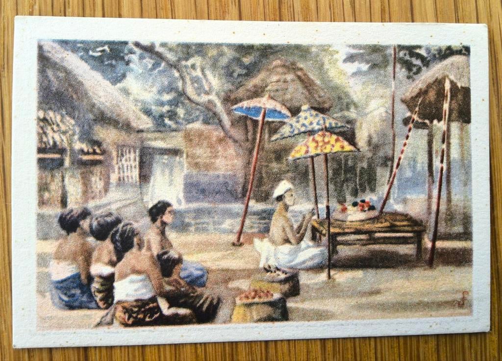 Prent 19 Droste's album Balie. Pemangkoe in gebed met offers, Verzamelen, Foto's en Prenten, Ophalen of Verzenden, Voor 1940, Gebruikt