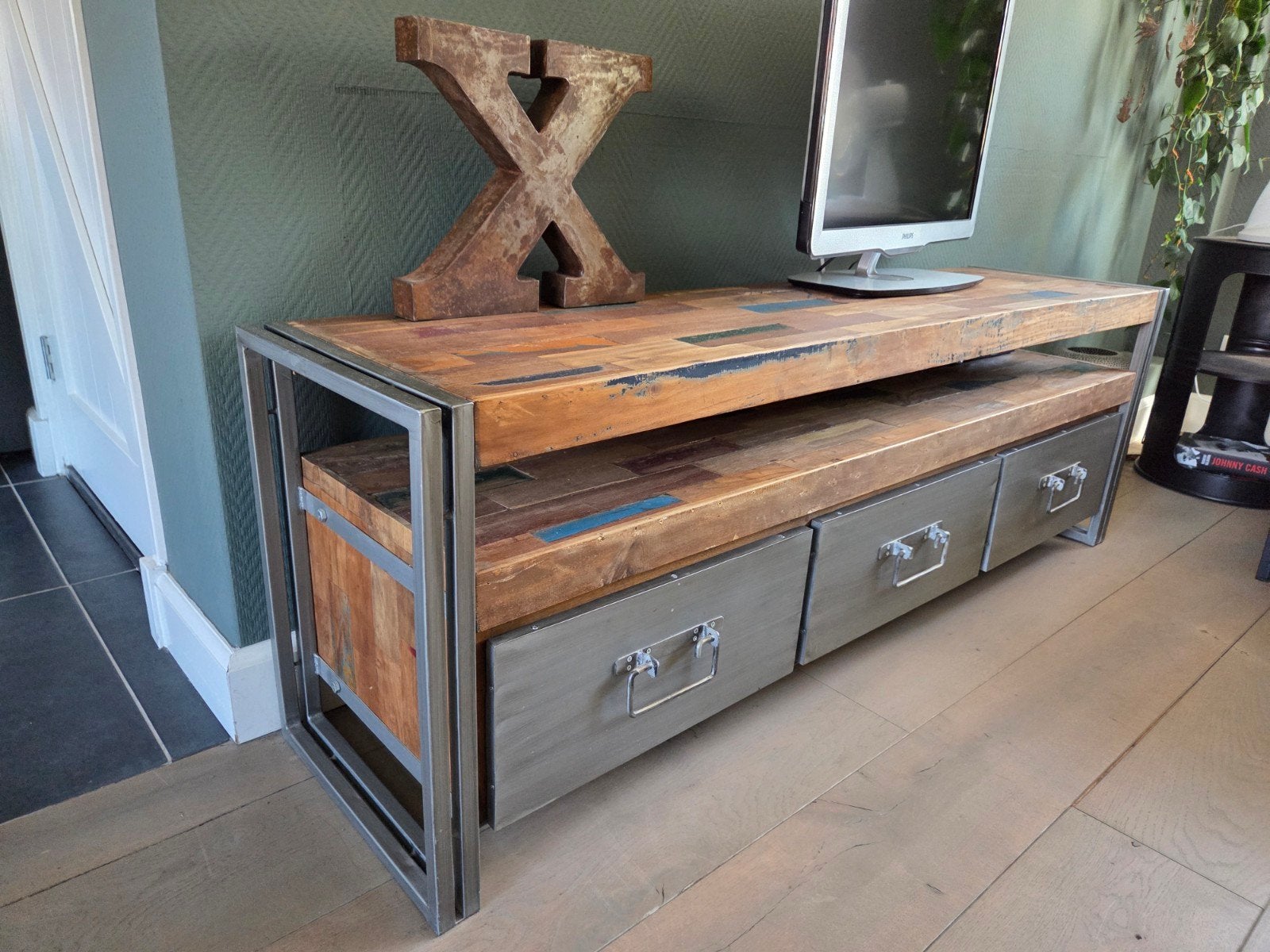 industriële, oud boothout, tv-kast, 3 lades, Ophalen, 25 tot 50 cm, Industrieel hippie bohemian ibiza vintage, Minder dan 100 cm