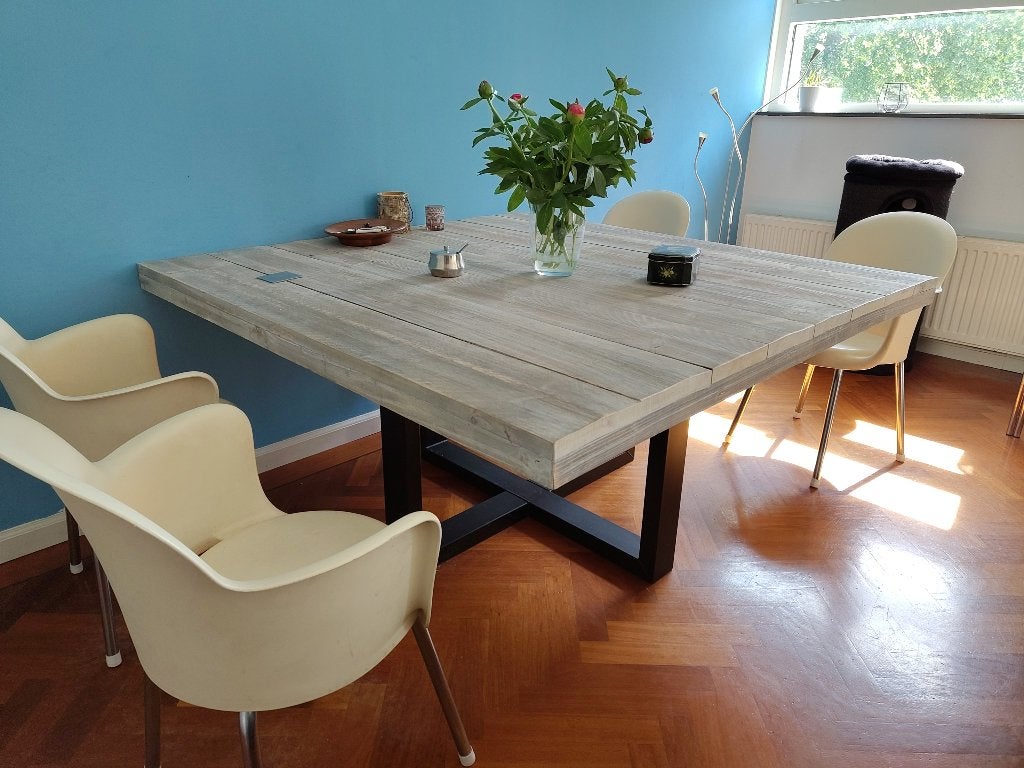 Eettafel steigerhout, 150 tot 200 cm, Vierkant, Vijf personen of meer, 150 tot 200 cm
