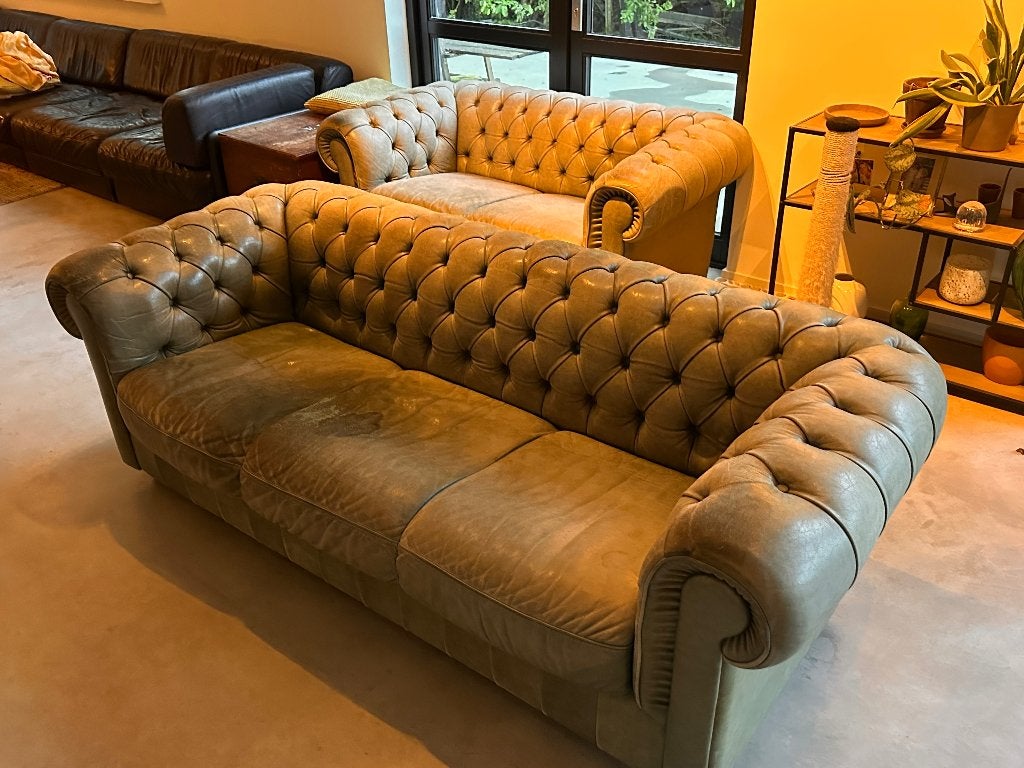 Chesterfield 3+2 zits leren bankstel, Huis en Inrichting, Banken | Bankstellen, Ophalen, Gebruikt, Rechte bank, Chesterfield klassieke look/Industrieel/eclectisch