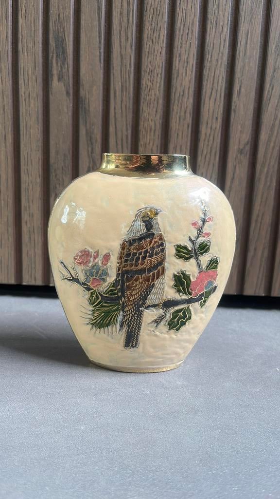 Vintage messing vaasje met vogel – handbeschilderd –, Ophalen of Verzenden