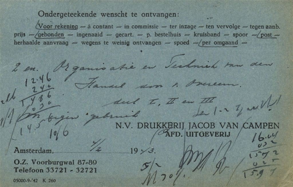 NV Drukkerij Jacob van Campen, Amsterdam - 02.1943 - bestelk, Ophalen of Verzenden, Briefkaart