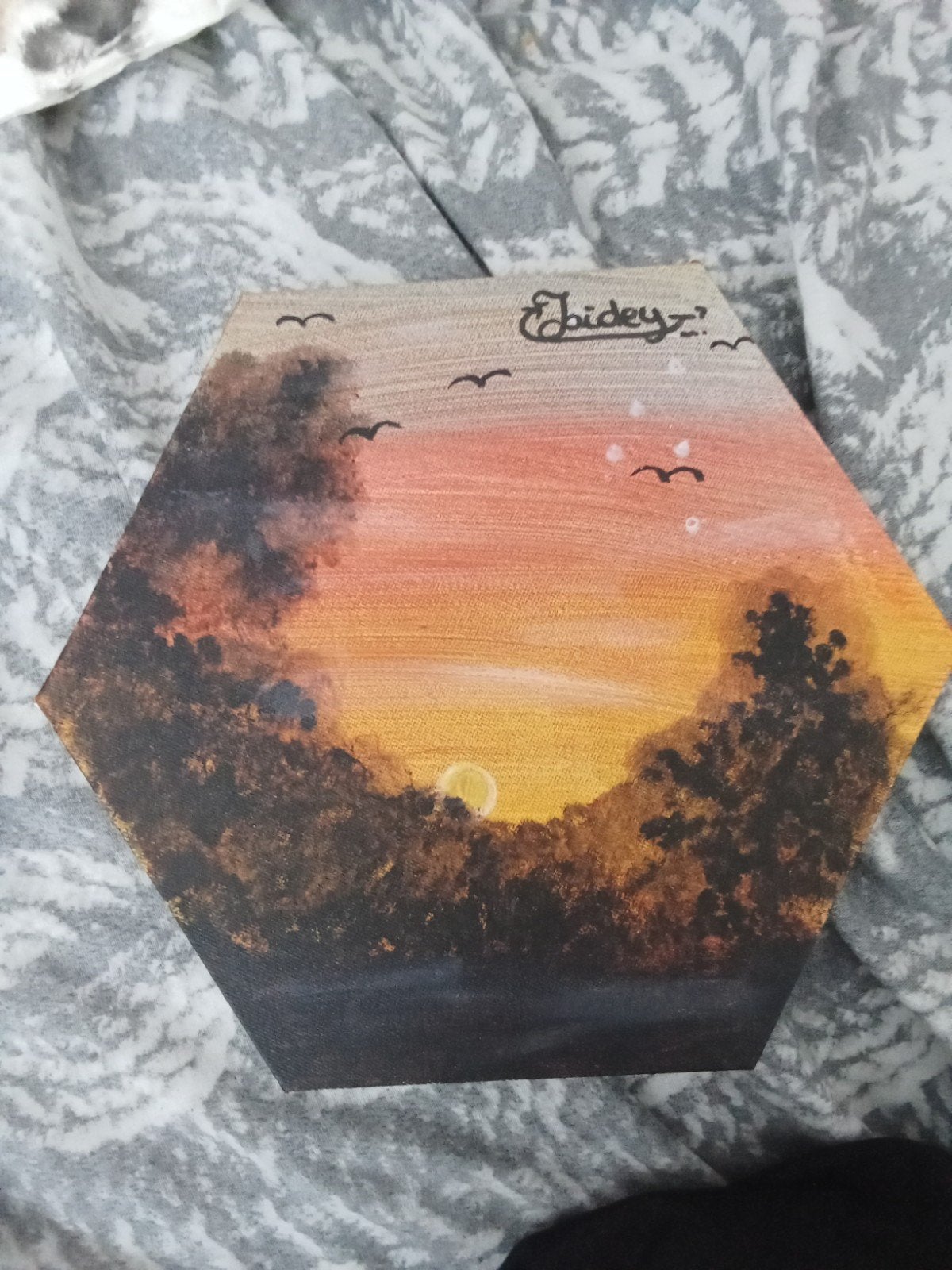 Schilderij: Zonsondergang in de natuur met vogels, Antiek en Kunst, Landschap, Acrylverf, Verzenden, Papier/karton