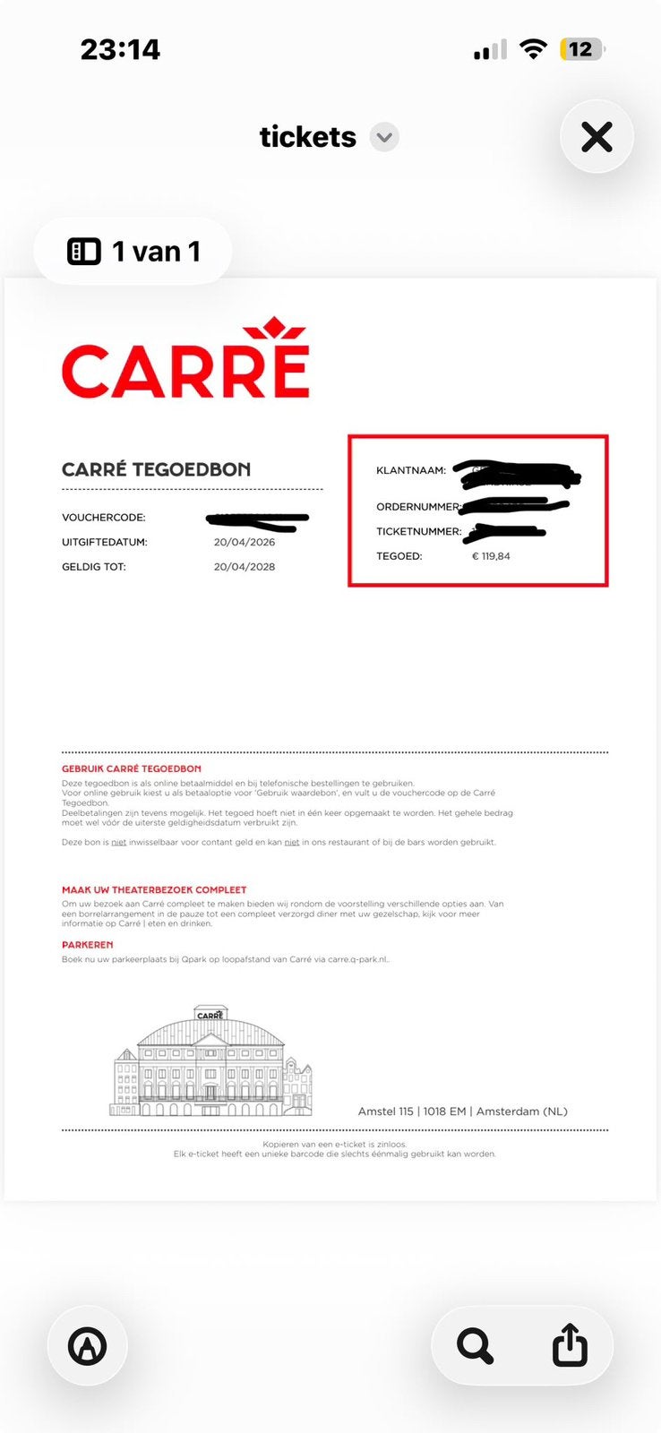 Tegoedbon Carré Amsterdam twv 119.84€, Tickets en Kaartjes, Eén persoon, Overige soorten, Overige typen