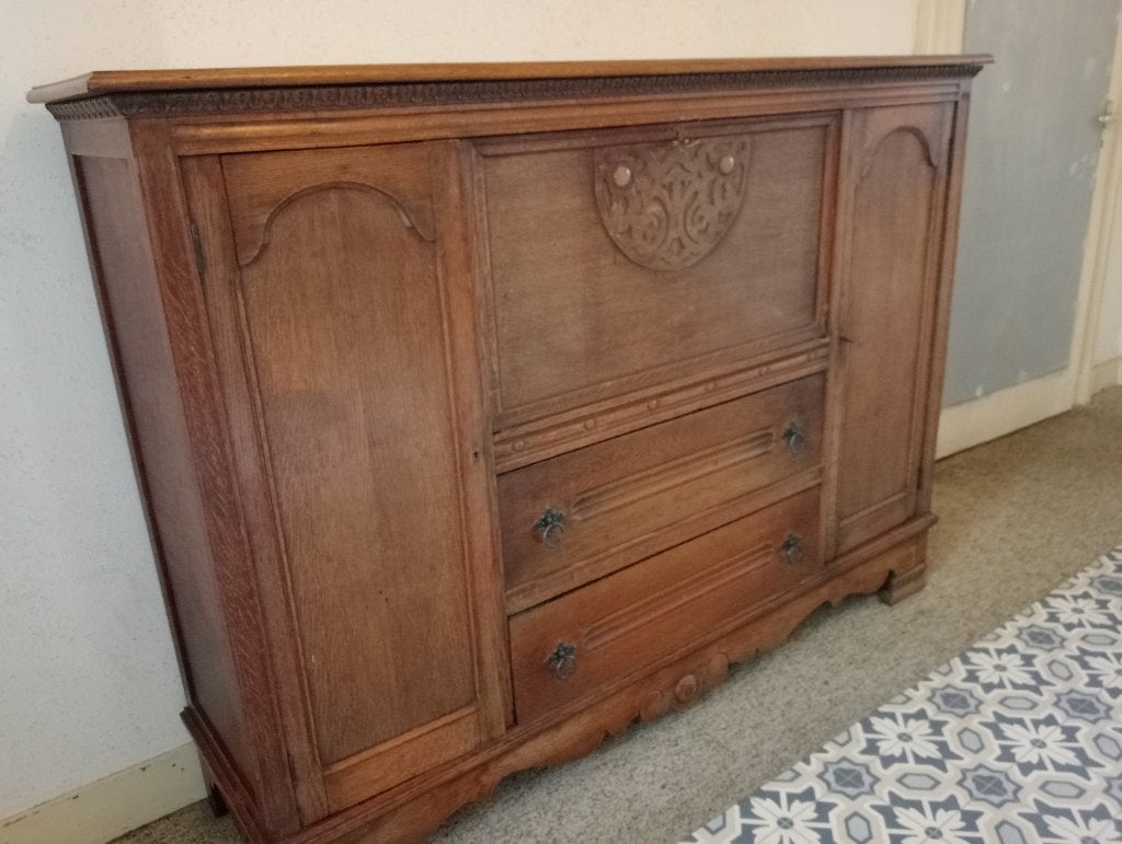 Eiken opbergkast met secretaire, Ophalen