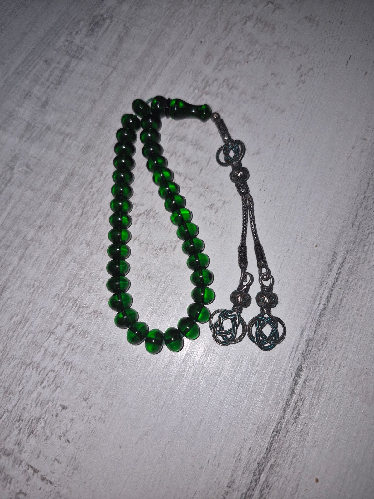 Groene (Ateş Kehribar) gebedskralen zilveren details, Ophalen of Verzenden, Zo goed als nieuw, Groen, Zilver