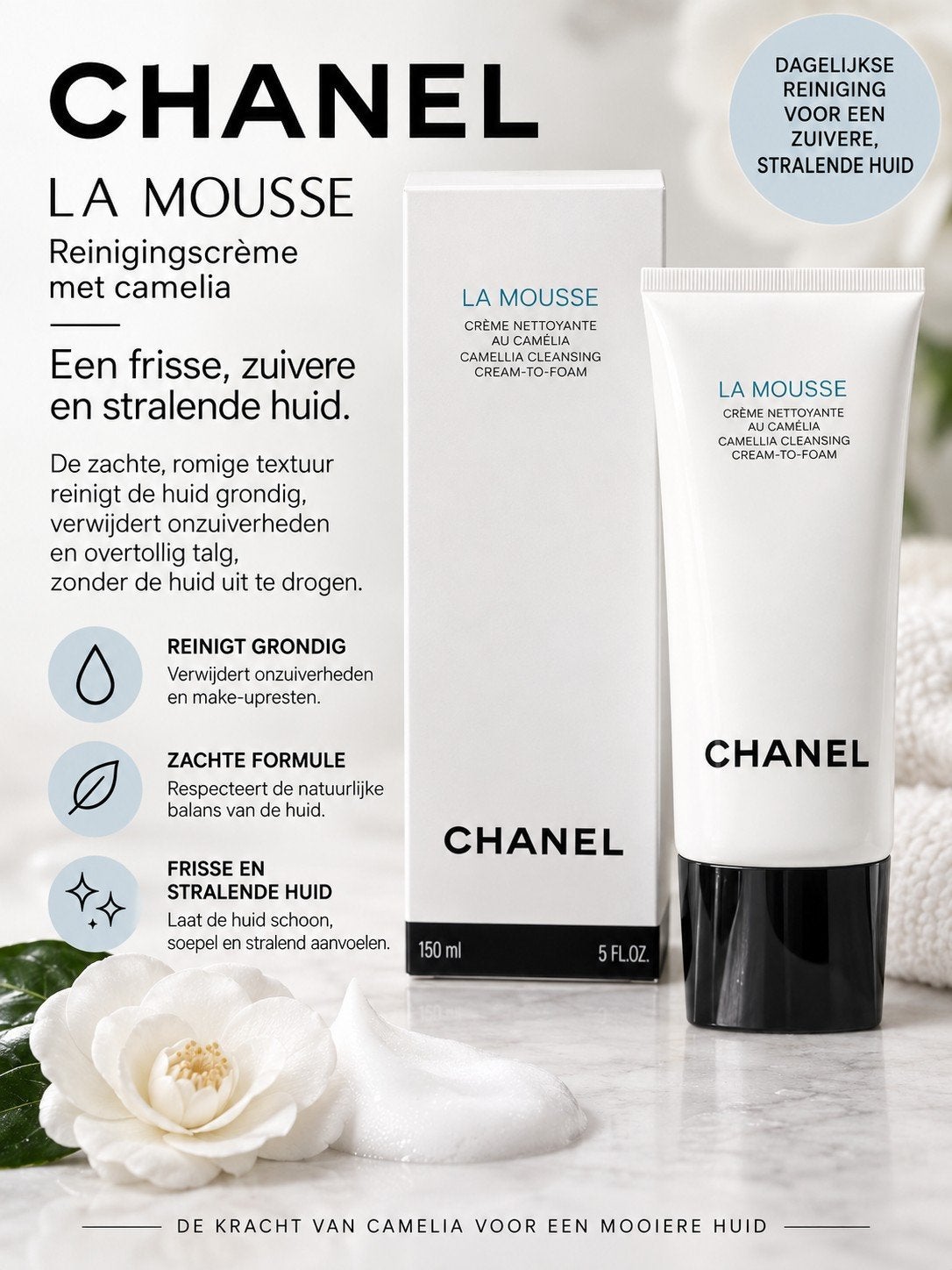 Chanel La Mousse Reinigingscrème met Camelia, Ophalen of Verzenden, Nieuw, Gehele gezicht, Reiniging