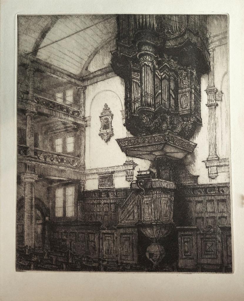 Ets Jan Poortenaar Kerkinterieur Rode Hoed 1946 - P. Scheen, 30 cm, Ets, Architectuur, Ophalen of Verzenden