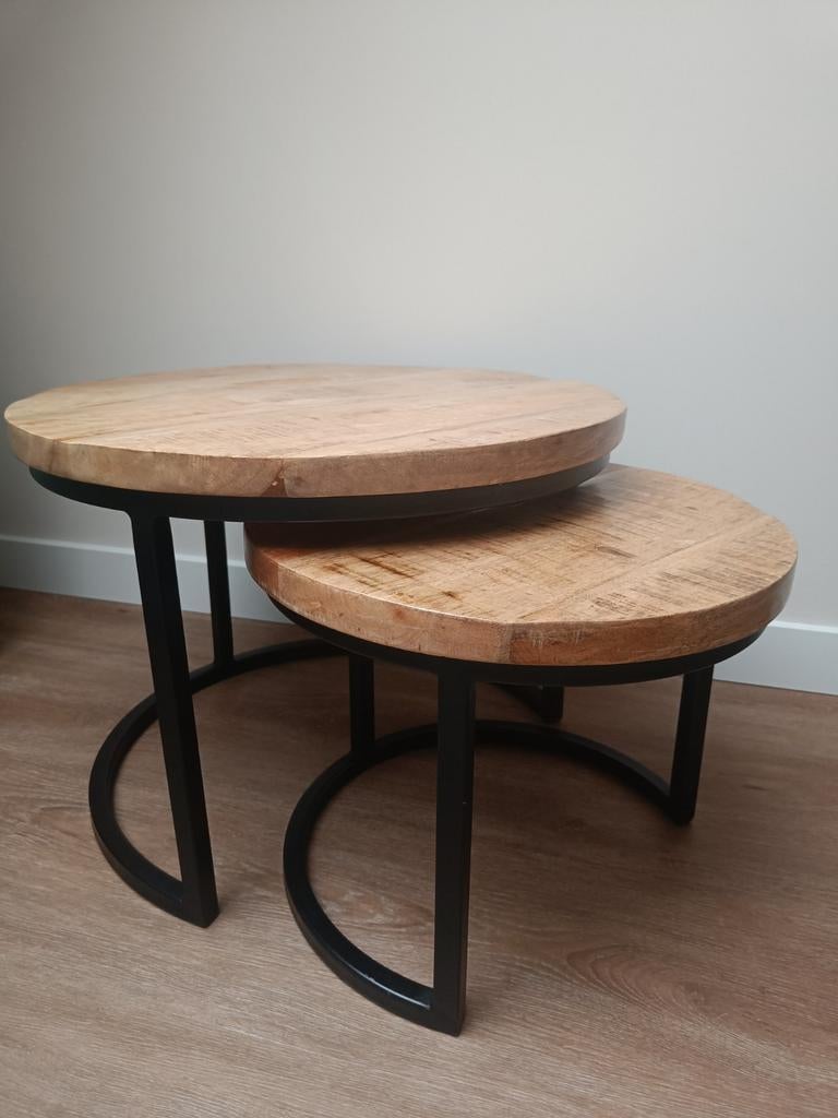 Ronde salontafelset van mangohout en staal, 50 tot 100 cm, Rond, 50 tot 100 cm, Zo goed als nieuw