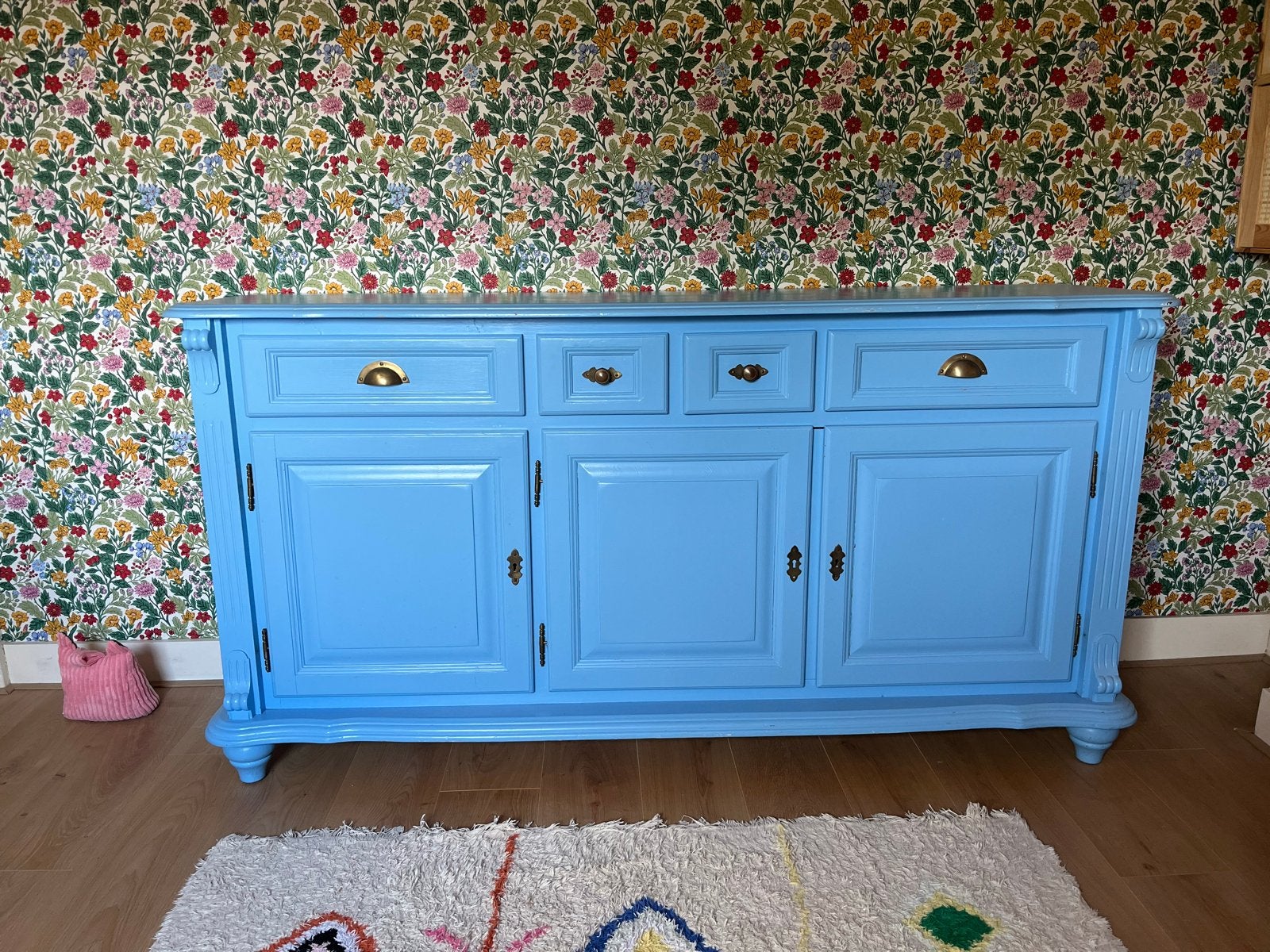 Blauw dressoir/commode met lades en deuren, Ophalen, Gebruikt, 150 tot 200 cm, Met lade(s)