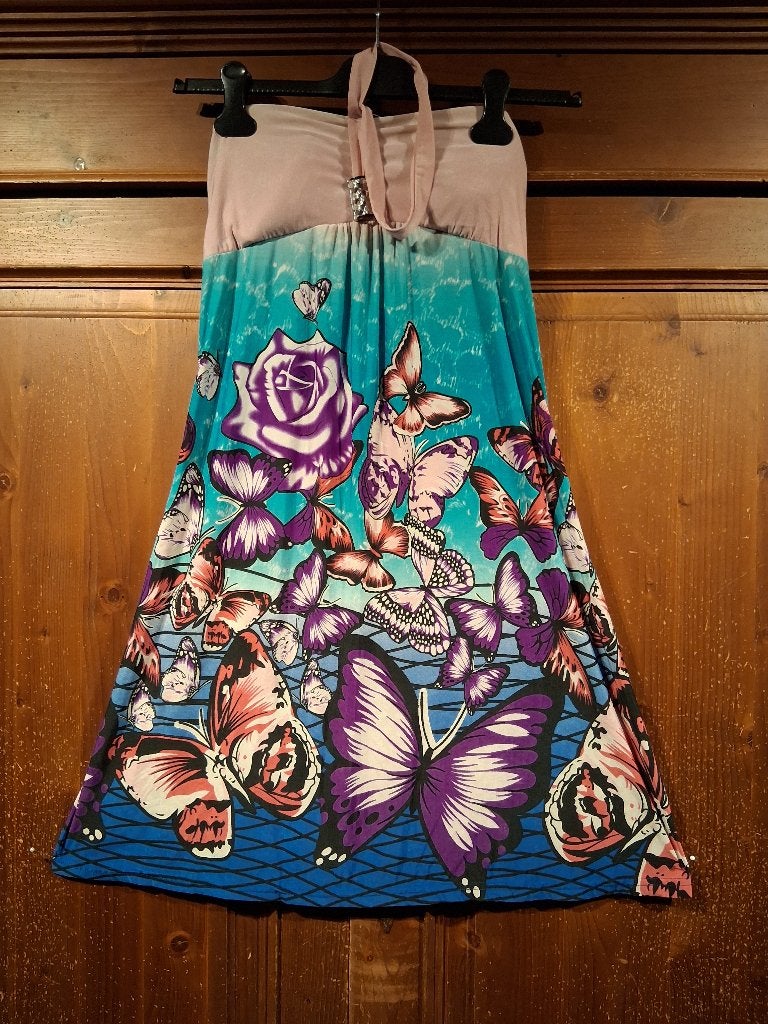 Zomerjurkje roze blauw paars vlinders S Fantasy, Overige kleuren, Fantasy, Ophalen of Verzenden, Knielengte